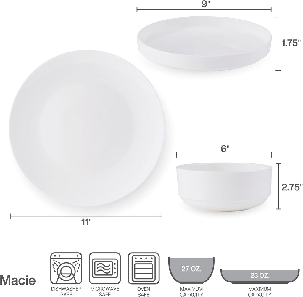 Mikasa Macie Bone China Lightweight Chip Resistant 12 Piece Dinnerware Set, Service for 4, White