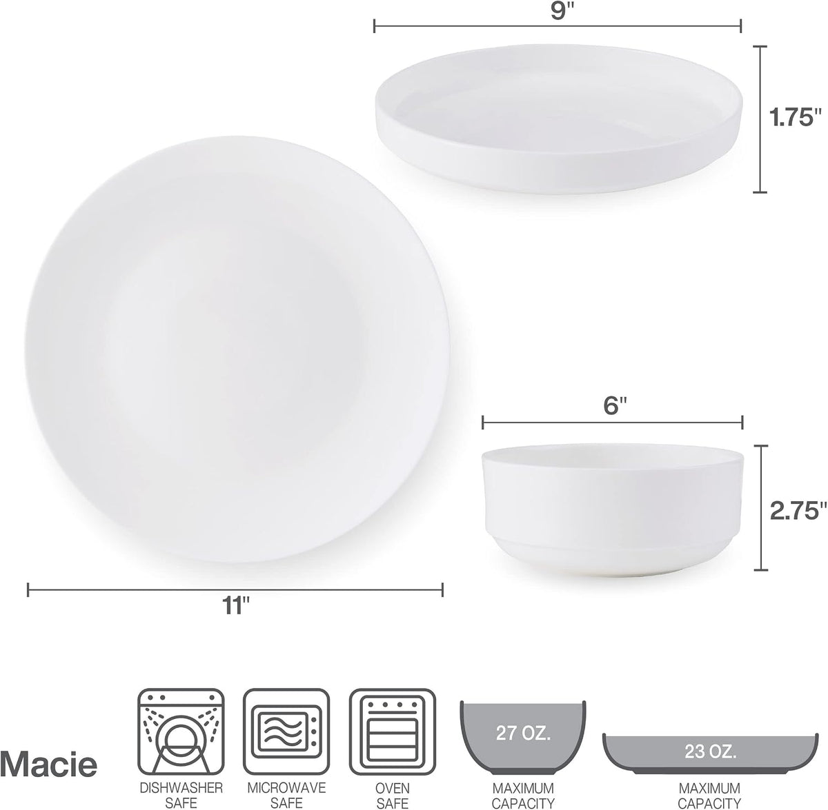 Mikasa Macie Bone China Lightweight Chip Resistant 12 Piece Dinnerware Set, Service for 4, White