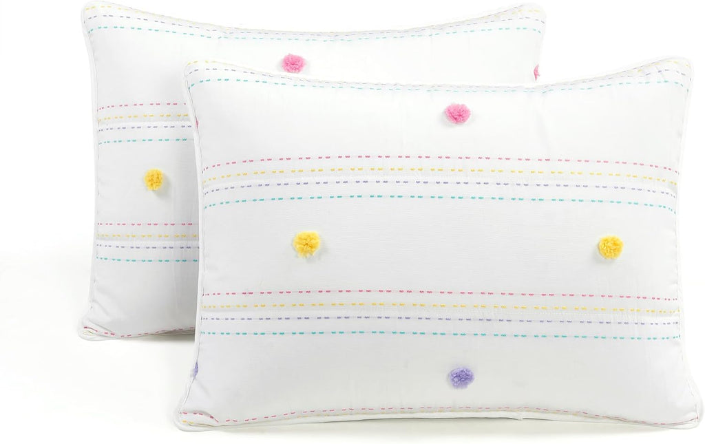 Lush Decor Rainbow Pom Pom and Stripes Quilt Set, 3 Piece Set, Full/Queen, White & Rainbow - Fun & Colorful Kids Bedding Set - Rainbow Quilt for Teen Dorm Decor - Striped Quilt - Girls Bedroom Decor
