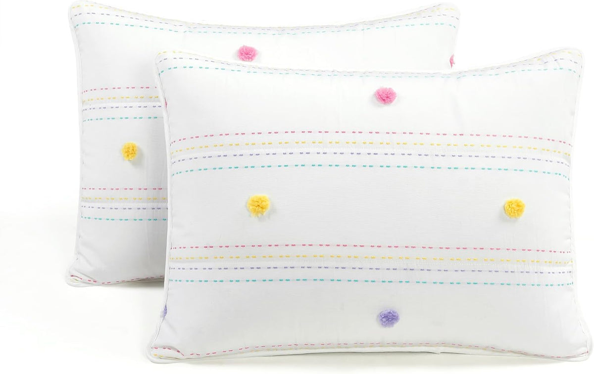 Lush Decor Rainbow Pom Pom and Stripes Quilt Set, 3 Piece Set, Full/Queen, White & Rainbow - Fun & Colorful Kids Bedding Set - Rainbow Quilt for Teen Dorm Decor - Striped Quilt - Girls Bedroom Decor