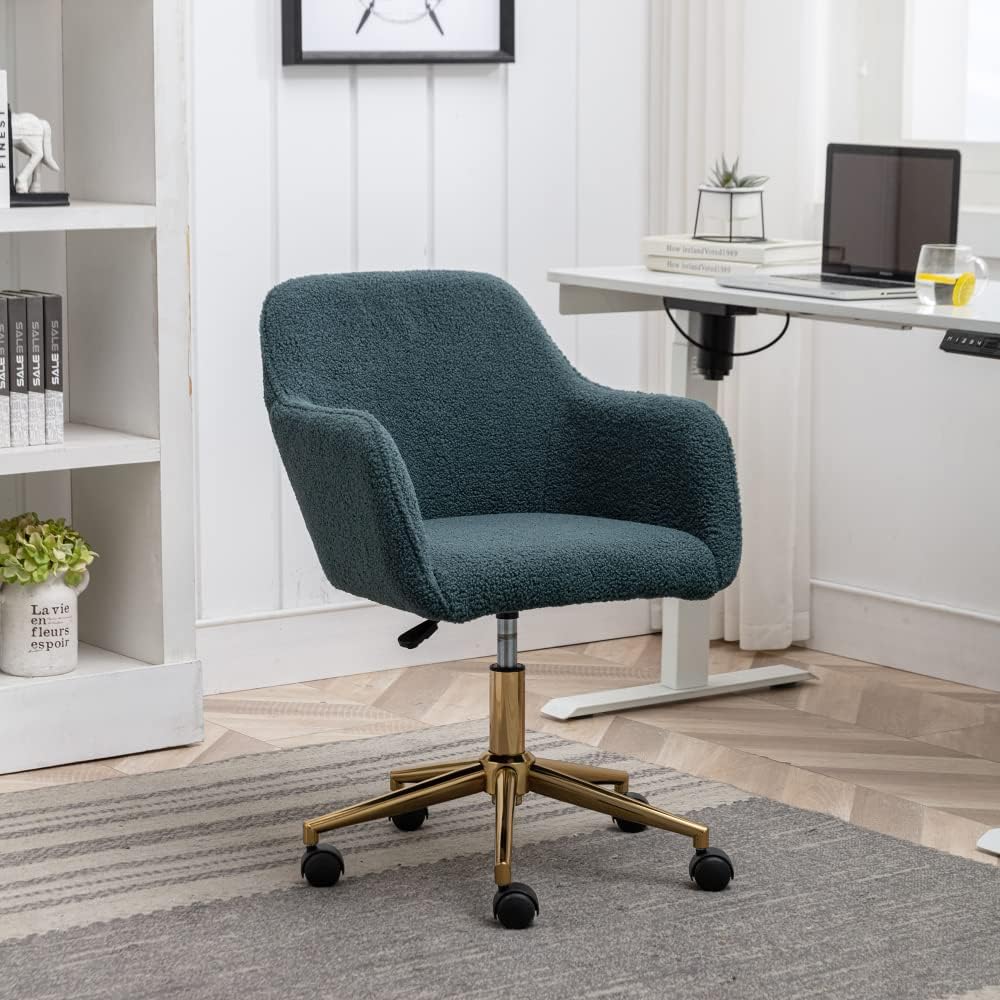 Plush Teddy Fabric Ergonomic Office Chair with Adjustable Height, 360-Degree Swivel Base, and Smooth-Rolling Casters for Home or Workspace (Green + Wool + Foam)