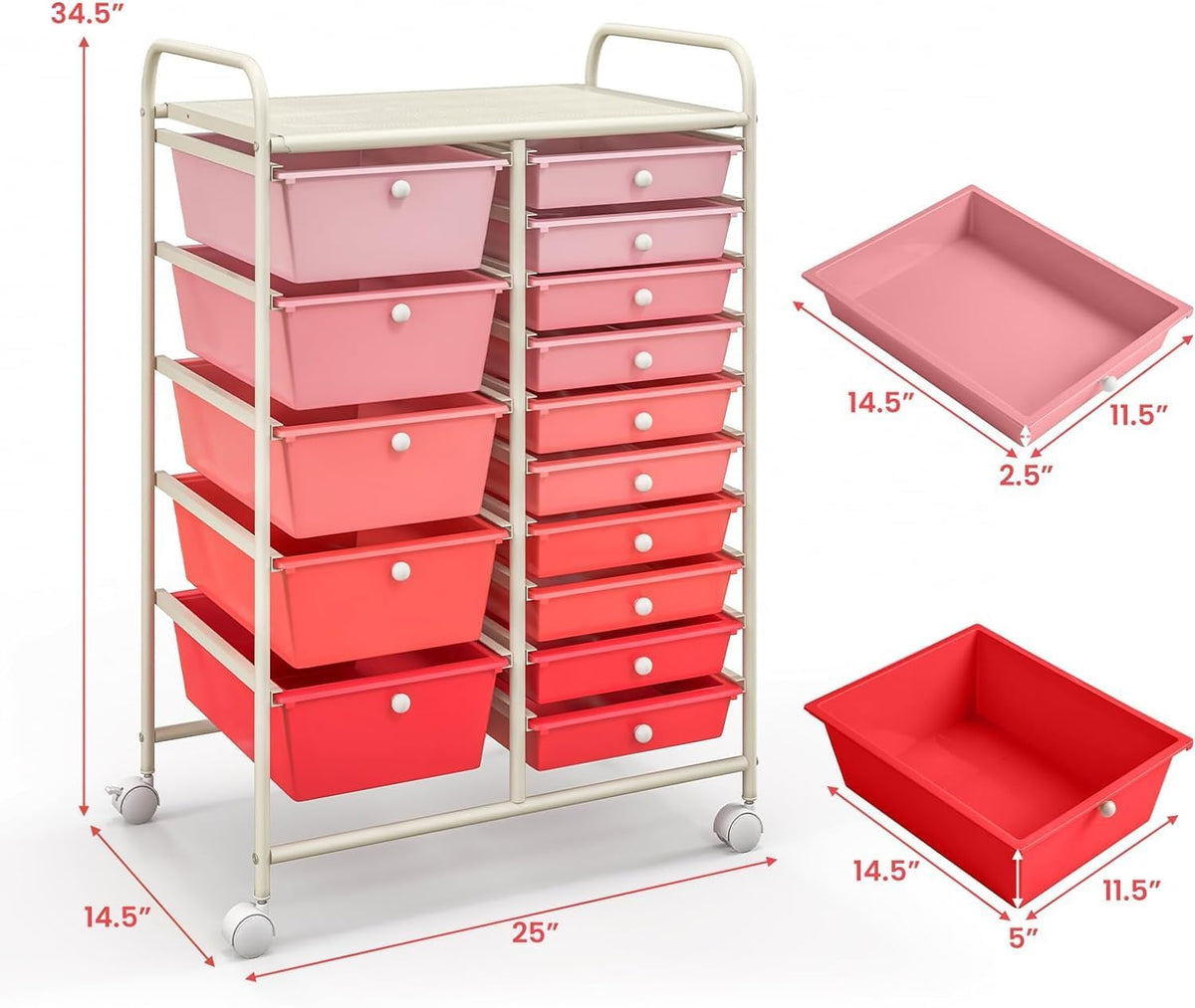 LUARANE Rolling Cart with 15 Drawers, Craft Storage Cart with Portable Handles & Lockable Wheels, Mobile Toys Organizer, Large Capacity Utility Drawer Cart Home Office School Teacher (Gradient Pink)