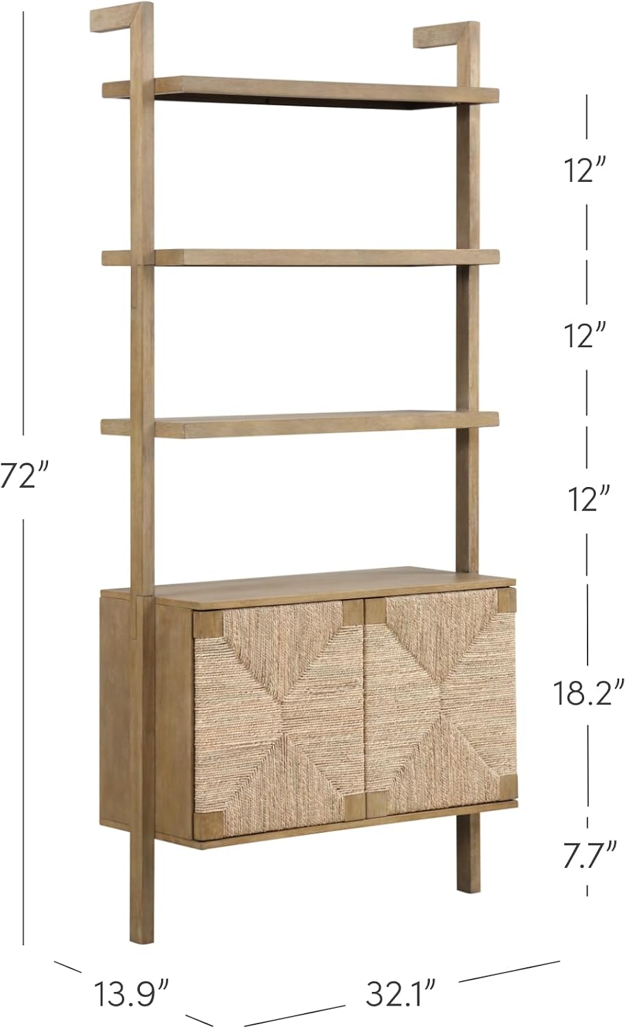 Nathan James Beacon 3-Shelf Solid Wood Bookshelf with Storage Cabinet, Bohemian Wall Mounted Shelf with Seagrass Door Fronts