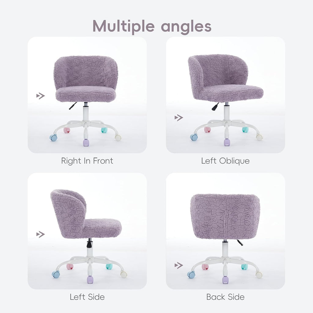 Faux Fur Vanity Desk Chair with White Metal Base – Adjustable Swivel Rolling Office Chair with Wheels, Comfy Makeup Chair for Bedroom, Study, Girls' Room, Home Office & Task Use, Purple