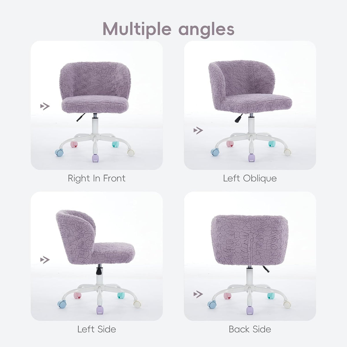 Faux Fur Vanity Desk Chair with White Metal Base – Adjustable Swivel Rolling Office Chair with Wheels, Comfy Makeup Chair for Bedroom, Study, Girls' Room, Home Office & Task Use, Purple