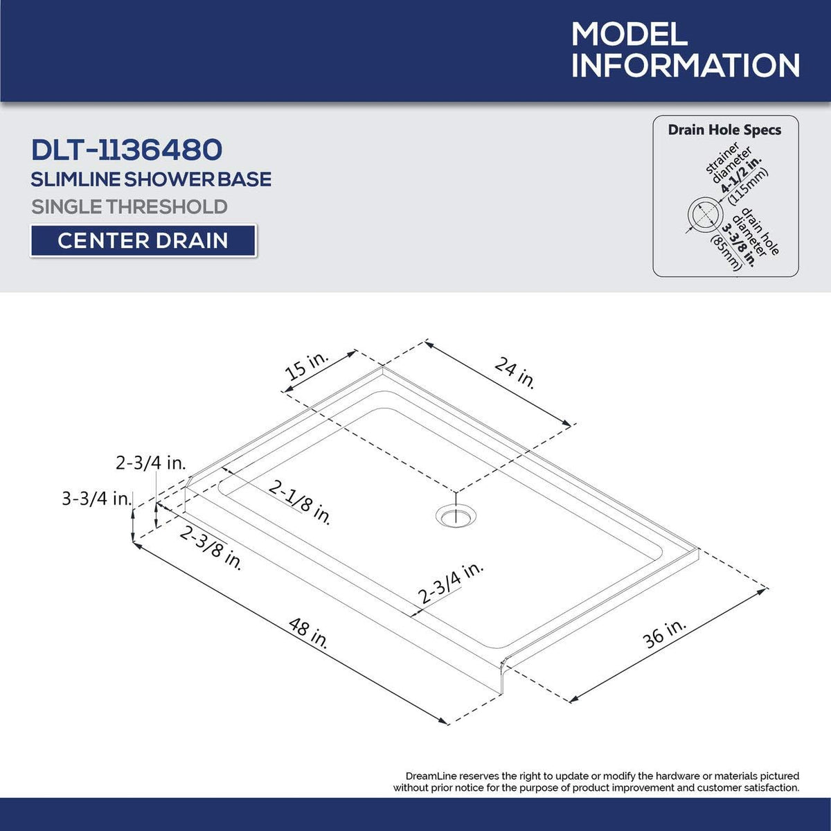 DreamLine 36 in. D x 48 in. W x 76 3/4 in. H Center Drain Acrylic Shower Base and QWALL-5 Backwall Kit In White, DL-6193C-01