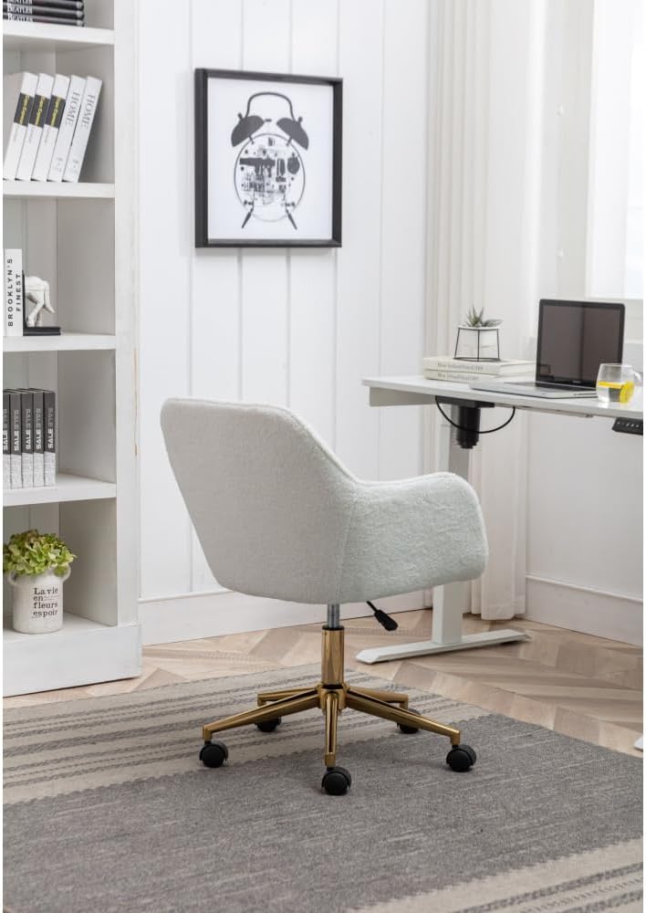 Plush Teddy Fabric Ergonomic Office Chair with Adjustable Height, 360-Degree Swivel Base, and Smooth-Rolling Casters for Home or Workspace (White Teddy + Wool + Foam)