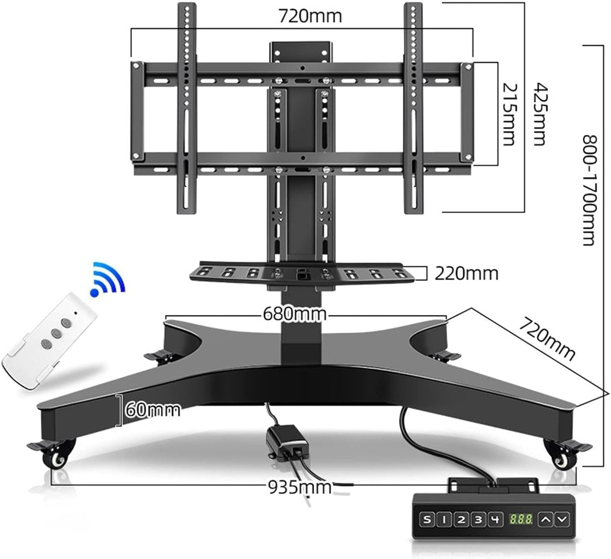 Motorized TV Mount On Wheels - Lift Mobile LCD Stand Cart, with,Electric Dual Remote Control, Memory Function, Universal for 32-75 Inches Screen