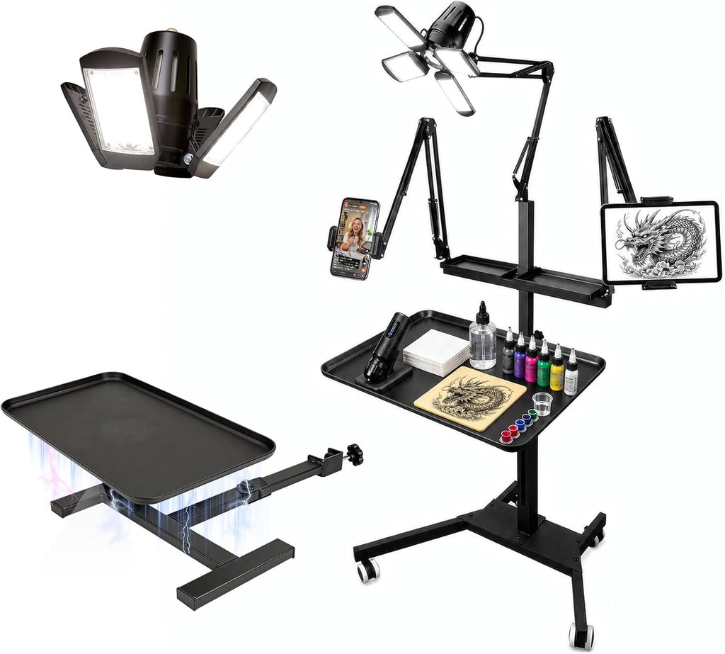 Multifunctional Tattoo Workstation,Tattoo Tray Cart with Tattoo Light& Wheels,Mobile Phone,ipad Tablet Holder, Tattoo Ink Magnetic Tray,for Tattoo & Salon Studio