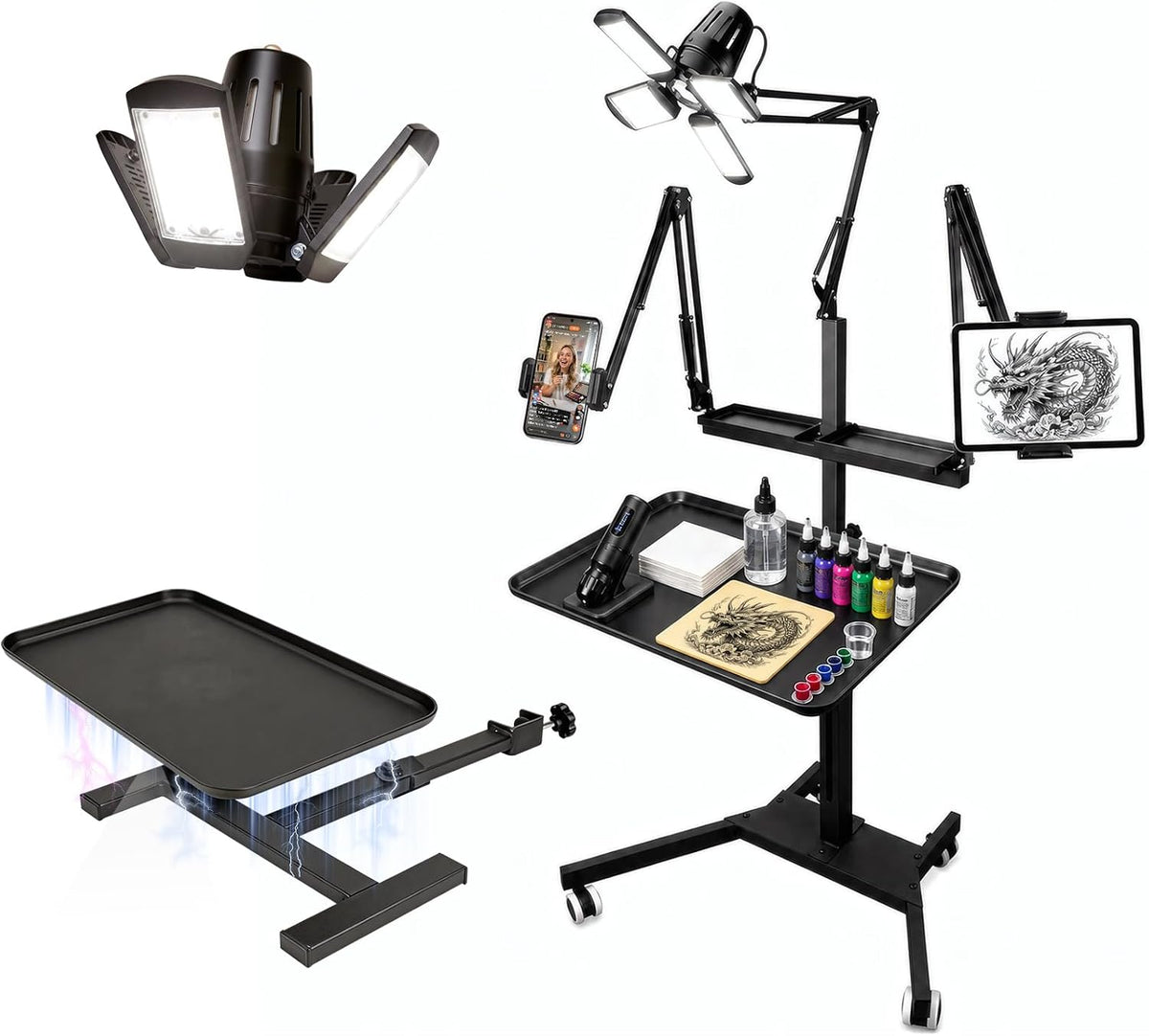 Multifunctional Tattoo Workstation,Tattoo Tray Cart with Tattoo Light& Wheels,Mobile Phone,ipad Tablet Holder, Tattoo Ink Magnetic Tray,for Tattoo & Salon Studio