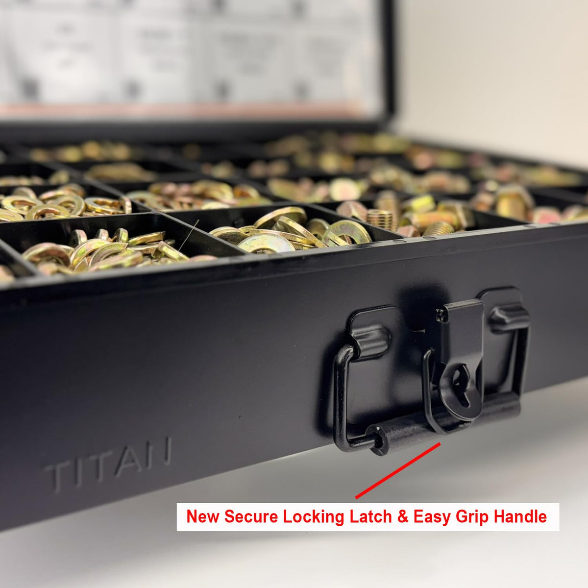 Titan Industrial Supply-1275 Piece Grade 8 Coarse Thread Bolt & Nut Drawer Kit-Hex Cap Screws, Hex Nuts, SAE Flat Washers, & SAE Lock Washers. 1/4', 5/16', 3/8' & 1/2'.- Black Metal Drawer