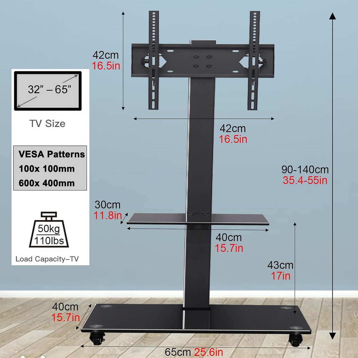 Tall Floor TV Stand for 50 55 65 70 75 Inch TV, Universal Mobile TV Stand with Wheels & Storage, Rolling TV Cart Height Adjustable, Black Beautiful Scenery