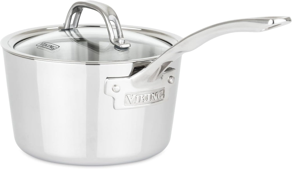 Viking Contemporary 3-Ply Stainless Steel Sauce Pan with Glass Lid, 2.4 Quart Saucepan Cooking Pot, Dishwasher and Oven Safe, Induction Ready, Silver