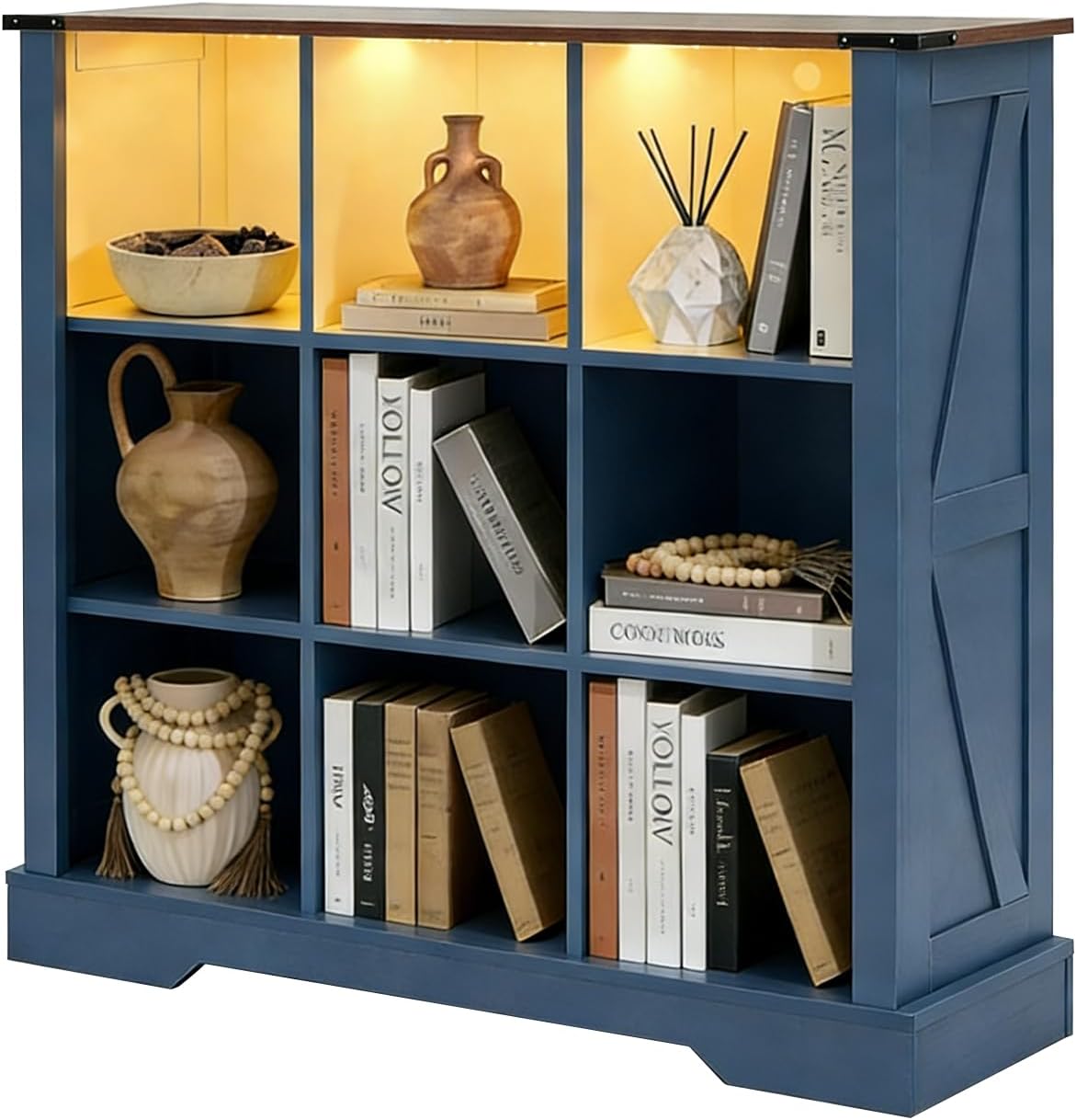 9 Cube Storage Organizer, Wood Cube Bookshelf with LED Lights, Horizontal Storage Cubes, Kids Bookshelf, Display Cabinet Cubby Shelf for Living Room Home Office Bedroom，Navy Blue