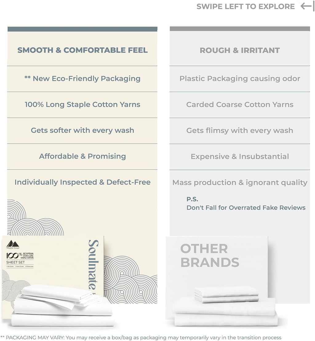 Mayfair Linen 100% Egyptian Cotton 2 Pack Queen Sheet Set - Luxury 500 Series Soulmate Collection Cotton Sheets Queen Size (8 PC, White), Soft, Cooling, Sateen 16' Deep Pocket Hotel Quality Sheet