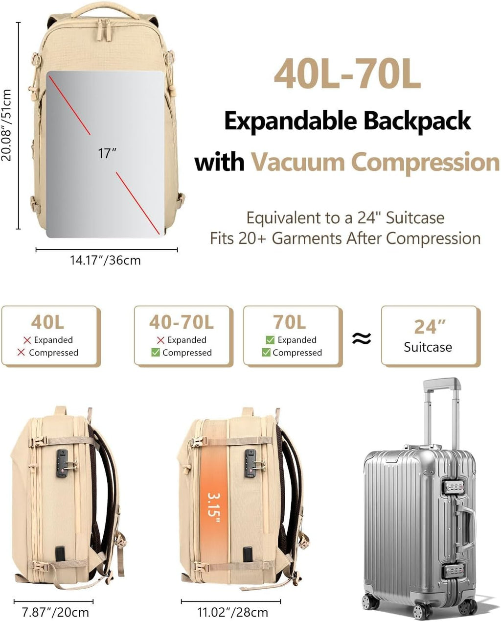 Zurligi Vacuum Seal Travel Backpack with Removable Hip Belt & Vacuum Bag with Pump, Compression Travel Backpack with Vacuum System Expandable 40-60L Carry-On Backpack for Travel Business