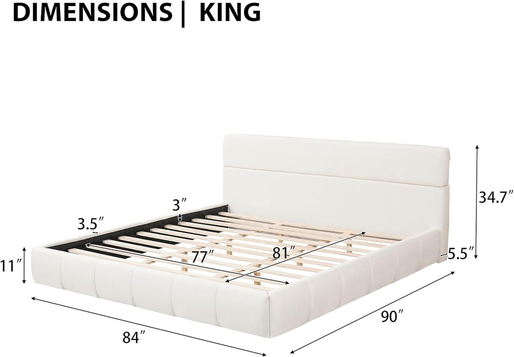 JIJIWANG King Size Upholstered Platform Bed Frame with Soft Boucle Fabric Headboard, Wooden Slats Support, No Box Spring Needed,Easy Assembly, White