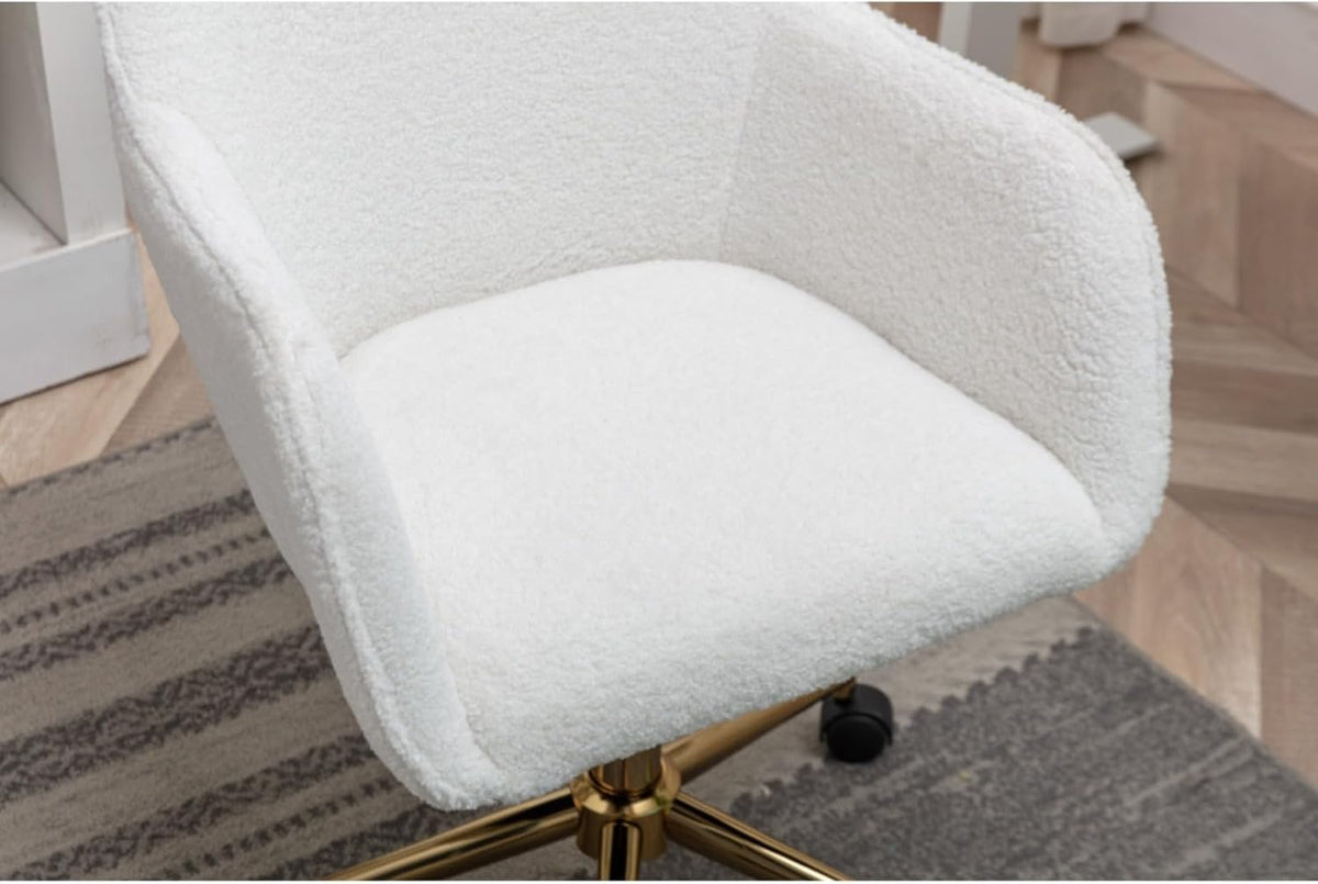 Hassyee Modern Teddy Fabric Material Adjustable Height 360 Revolving Home Office Chair with Gold Metal Legs and Universal Wheel for Indoor (White)
