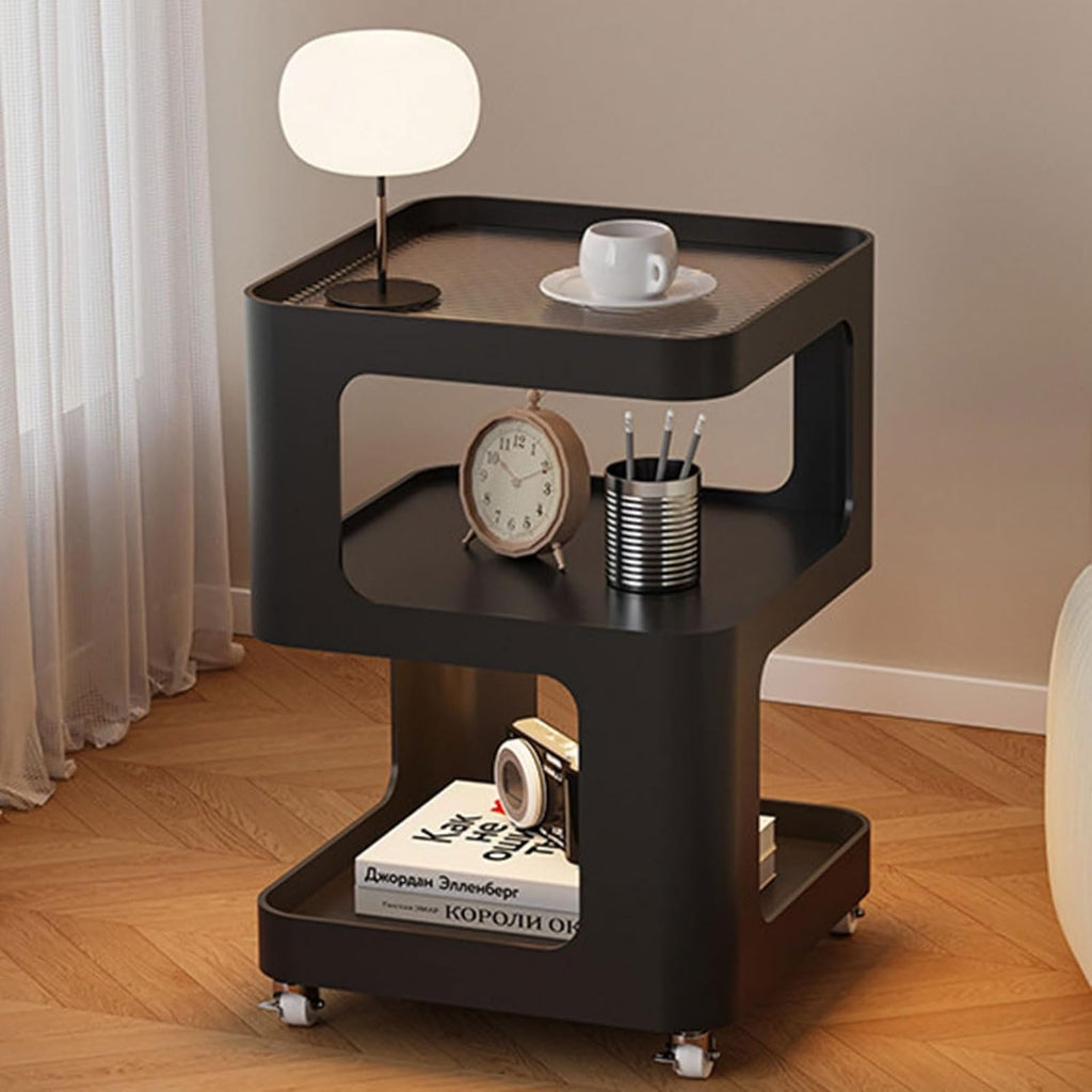 Side Table, Nightstand with Universal Wheels, Modern Bedside Table, with Open Storage Shelf,Stable,with Metal FrameSuitable for Bedroom, Living Room(Black,35cm/14in)