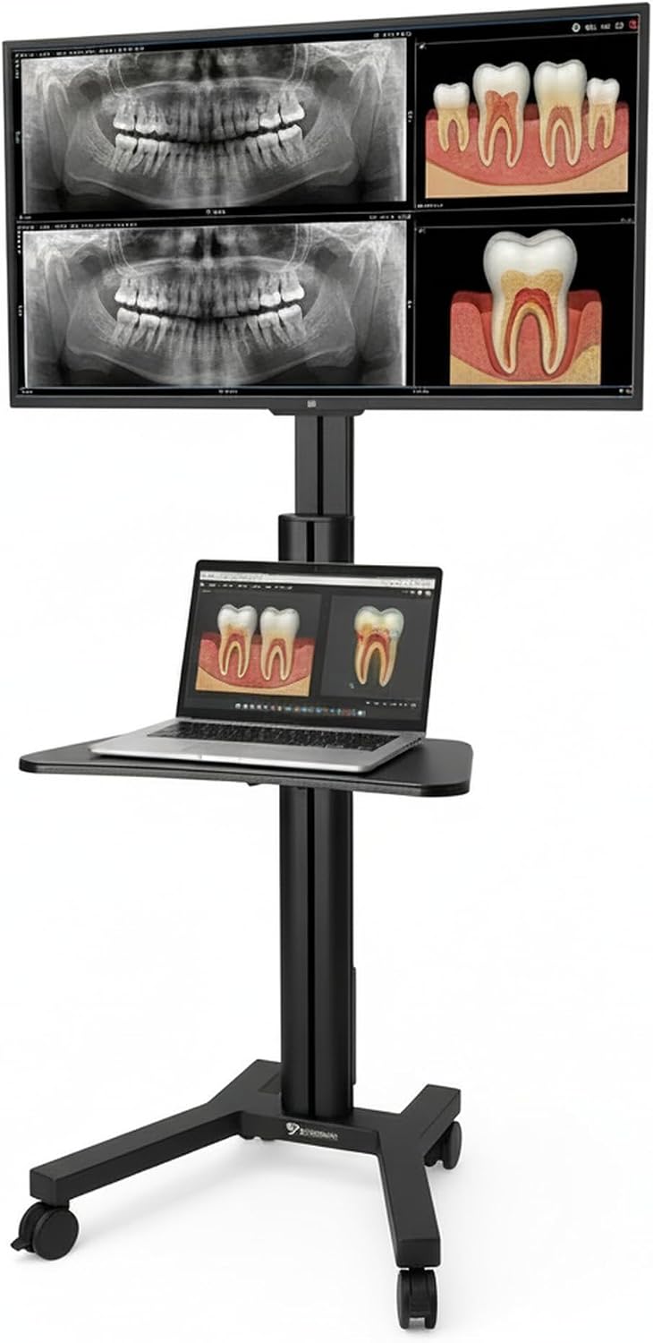 AW NexusX Presenter Medical Mobile TV Stand on Wheels Aluminum Heavy Duty with Laptop Shelf for 32 to 65 Inch LCD LED Screen TVs Dental Clinics Hospital