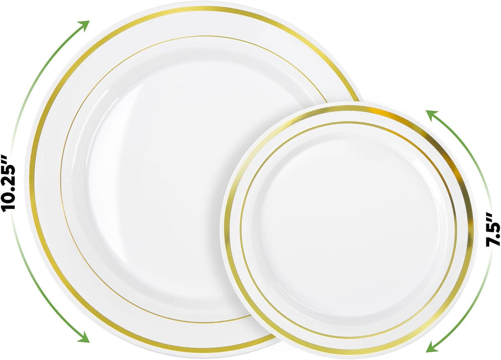 SETUP Case of 300 White Gold Rimmed Plastic Plates - Premium Heavy-Duty Disposable Plates for Wedding and Party, 150 10.25' Dinner and 150 7.5' Salad Plates