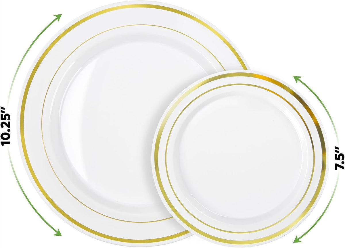 SETUP Case of 300 White Gold Rimmed Plastic Plates - Premium Heavy-Duty Disposable Plates for Wedding and Party, 150 10.25' Dinner and 150 7.5' Salad Plates