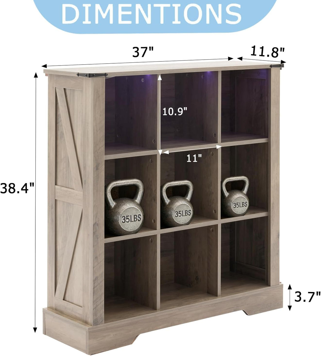 9 Cube Storage Organizer, Wood Cube Bookshelf with LED Lights, Horizontal Storage Cubes, Kids Bookshelf, Display Cabinet Cubby Shelf for Living Room Home Office Bedroom，Grey