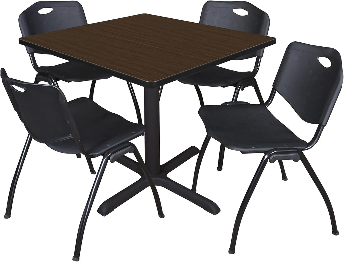 Regency Cain 42 in. Square Breakroom Table- Neo Walnut & 4 M Stack Chairs- Black