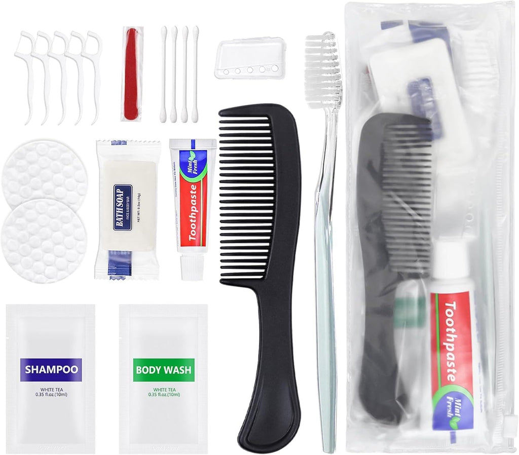 100 Sets Personal Hygiene Kit Bulk, Disposable Toothbrushes with Toothpaste Floss Comb Soap Cover Shampoo Body Wash and Vanity Kit, Toiletry Kits Homeless Supplies Bulk for Women,Men,Travel,Homeless