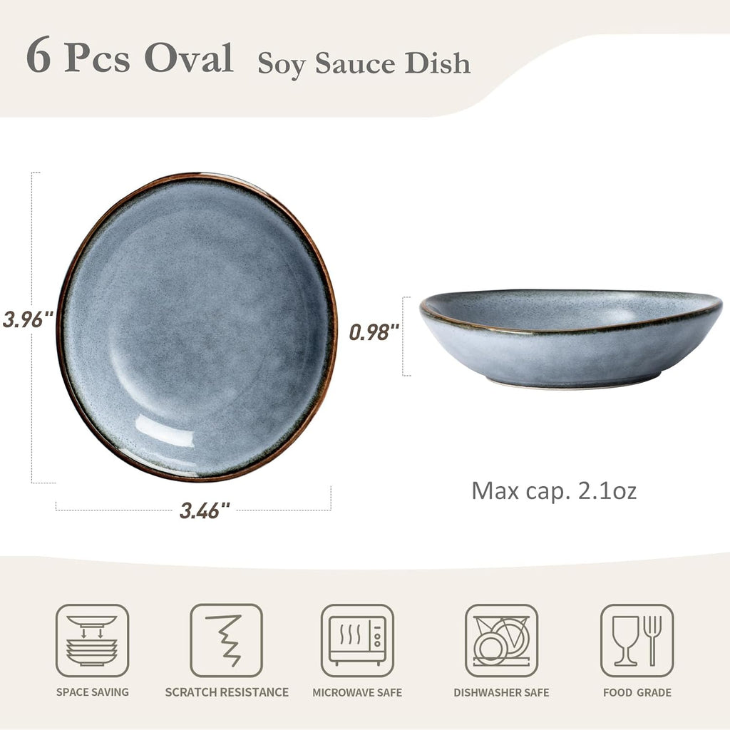 Famiware Ocean Square 12 Pieces Dinnerware Set + 6 Pieces Oval Dipping Bowl Set, Microwave and Dishwasher Safe, Blue