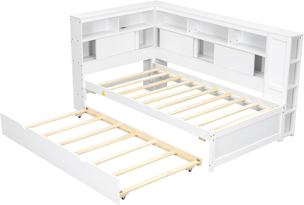 Merax Twin Corner Bed Frame, Twin Size Corner Beds with Trundle, Daybed with Storage Bookcase and Charging Station, Wood Platform Bed for Kids and Teen, White