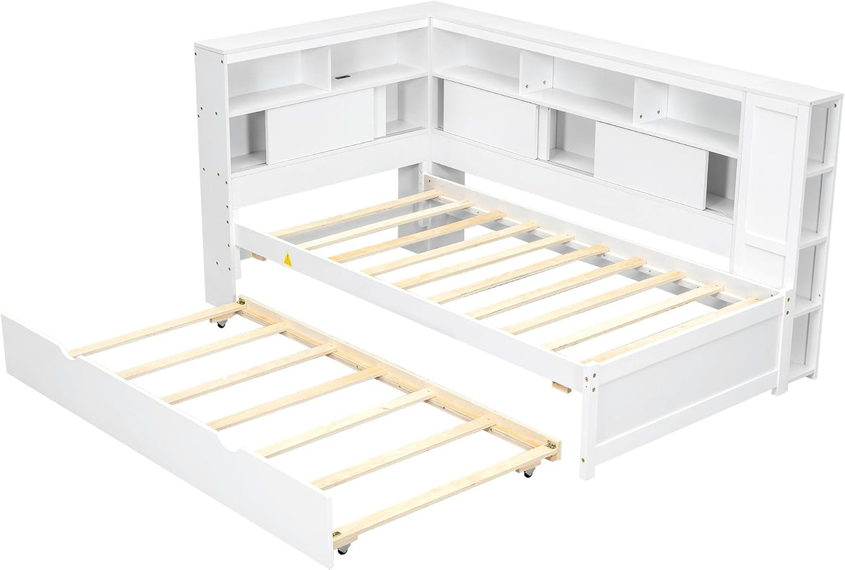 Merax Twin Corner Bed Frame, Twin Size Corner Beds with Trundle, Daybed with Storage Bookcase and Charging Station, Wood Platform Bed for Kids and Teen, White