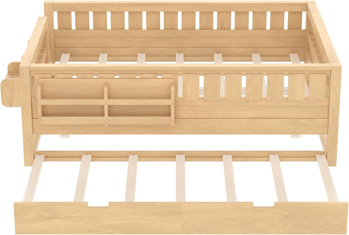 Bellemave Full Bed with Trundle and Stairs, Full Size Platform Bed Frame with Fence and Bookshelf, Easy Assemble Beds for Kids, Girls, Boys, Light Natural