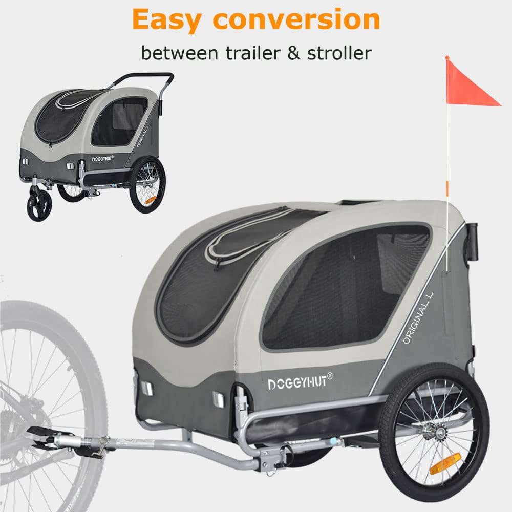 Doggyhut Original Large Pet Bike Trailer & Stroller 2-in-1,for Dogs up to 78 lbs,Parking Brakes,Easy Folding Cart Frame, Quick Release Wheel, Universal Bicycle Coupler (Gray)