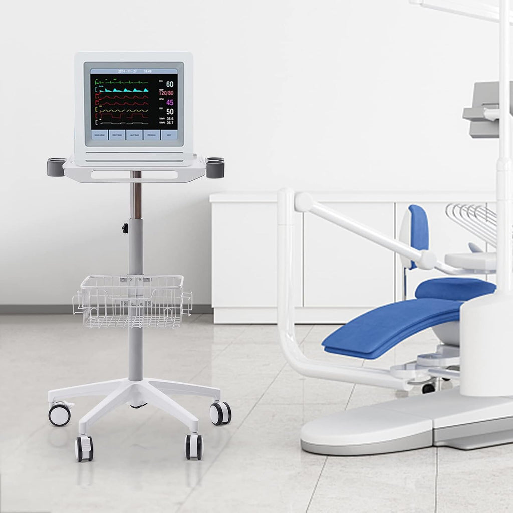 Mobile Trolley Cart Medical Cart, 33.46'-43.71' Height Adjustable Metal Mobile Trolley with 5 Universal Wheels, Large Tabletop Salon Rolling Cart for Lab, SPAs, Beauty Salons(White)