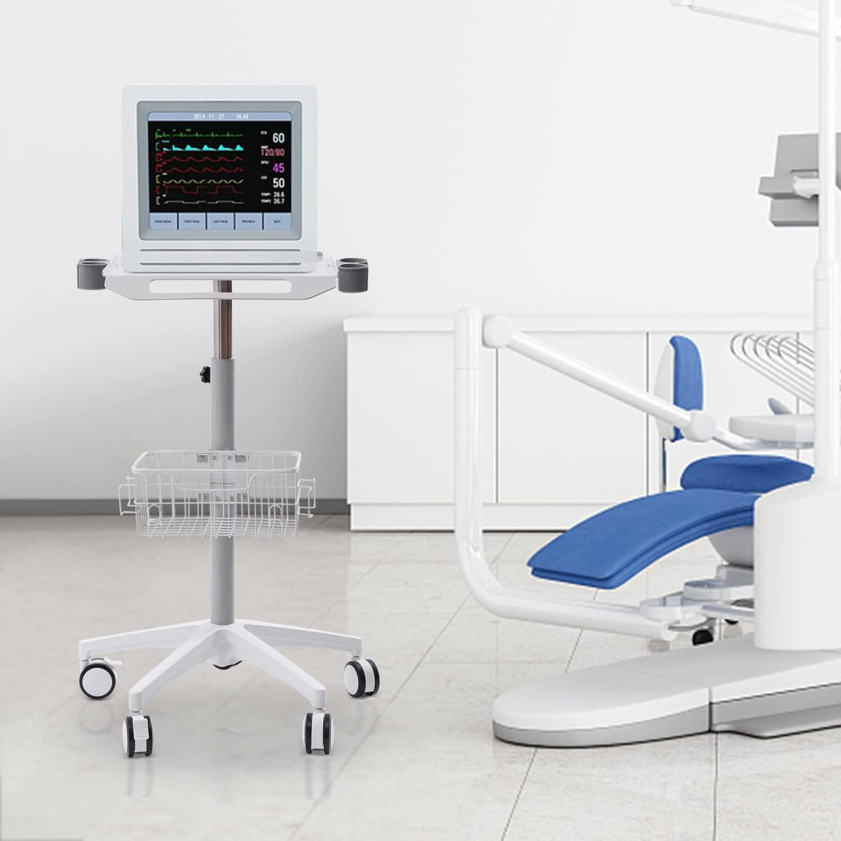 Mobile Trolley Cart Medical Cart, 33.46'-43.71' Height Adjustable Metal Mobile Trolley with 5 Universal Wheels, Large Tabletop Salon Rolling Cart for Lab, SPAs, Beauty Salons(White)