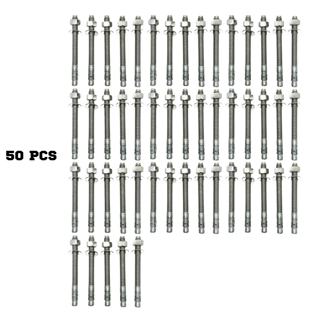Mighty Fasteners Wedge Anchors – Heavy-Duty 304 Stainless Steel Expansion Bolts for Concrete & Masonry, Rust-Resistant & Durable - 5/8' X 7' - 50 Pack