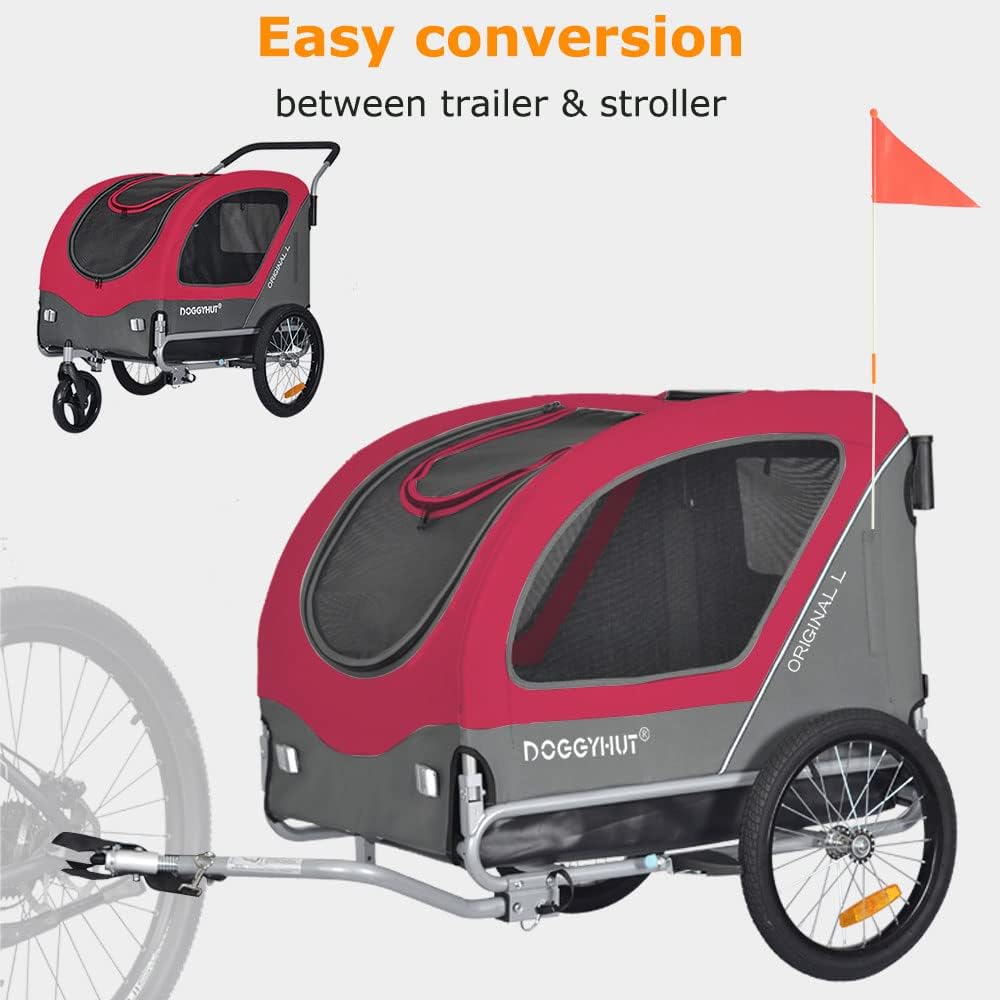 Doggyhut Original Large Pet Bike Trailer & Stroller 2-in-1,for Dogs up to 78 lbs,Parking Brakes,Easy Folding Cart Frame, Quick Release Wheel, Universal Bicycle Coupler (Red)