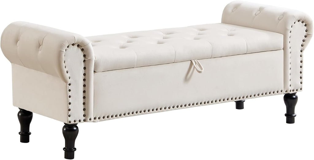 Storage Bench for Bedroom, 51' Upholstered End of Bed Bench, Velvet Queen Size Benches with Rolled Arms, Tufted Button Storage Long Ottoman, Living Room, Entryway, Beige