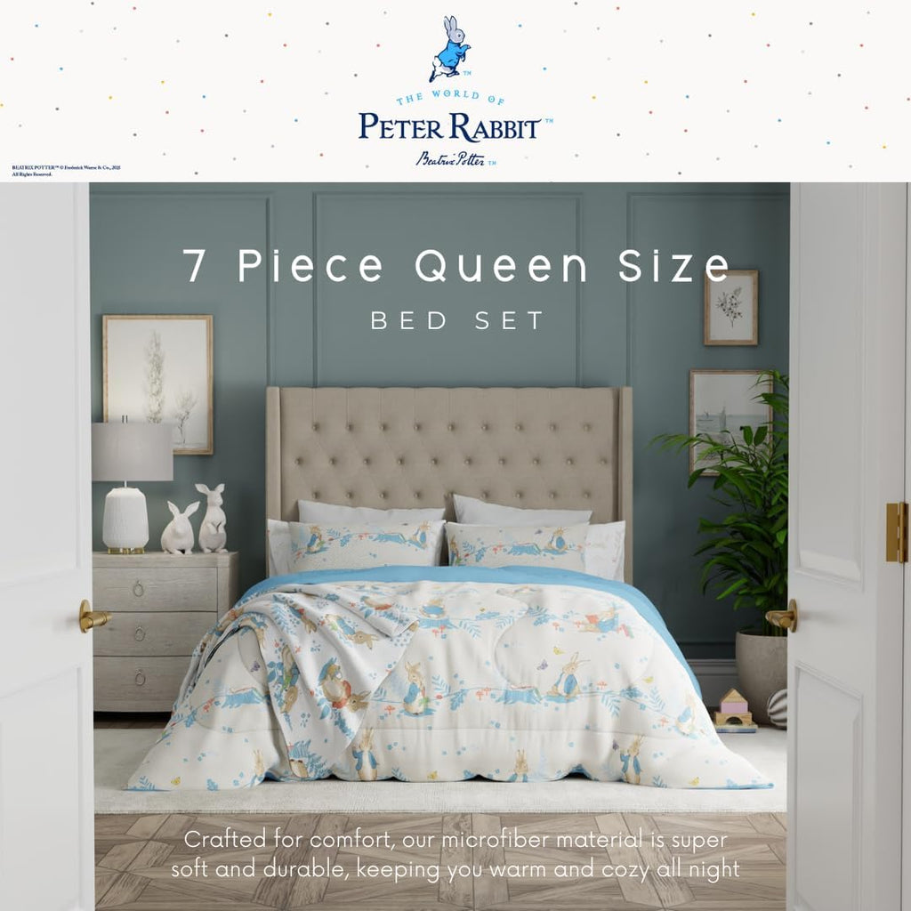 Peter Rabbit Kids Bedding Super Soft & Cozy Reversible Microfiber Comforter and Sheet Set with Sham, 7 Piece Queen Size, (Officially Licensed Product) by Franco