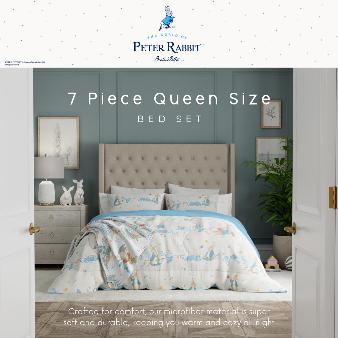Peter Rabbit Kids Bedding Super Soft & Cozy Reversible Microfiber Comforter and Sheet Set with Sham, 7 Piece Queen Size, (Officially Licensed Product) by Franco