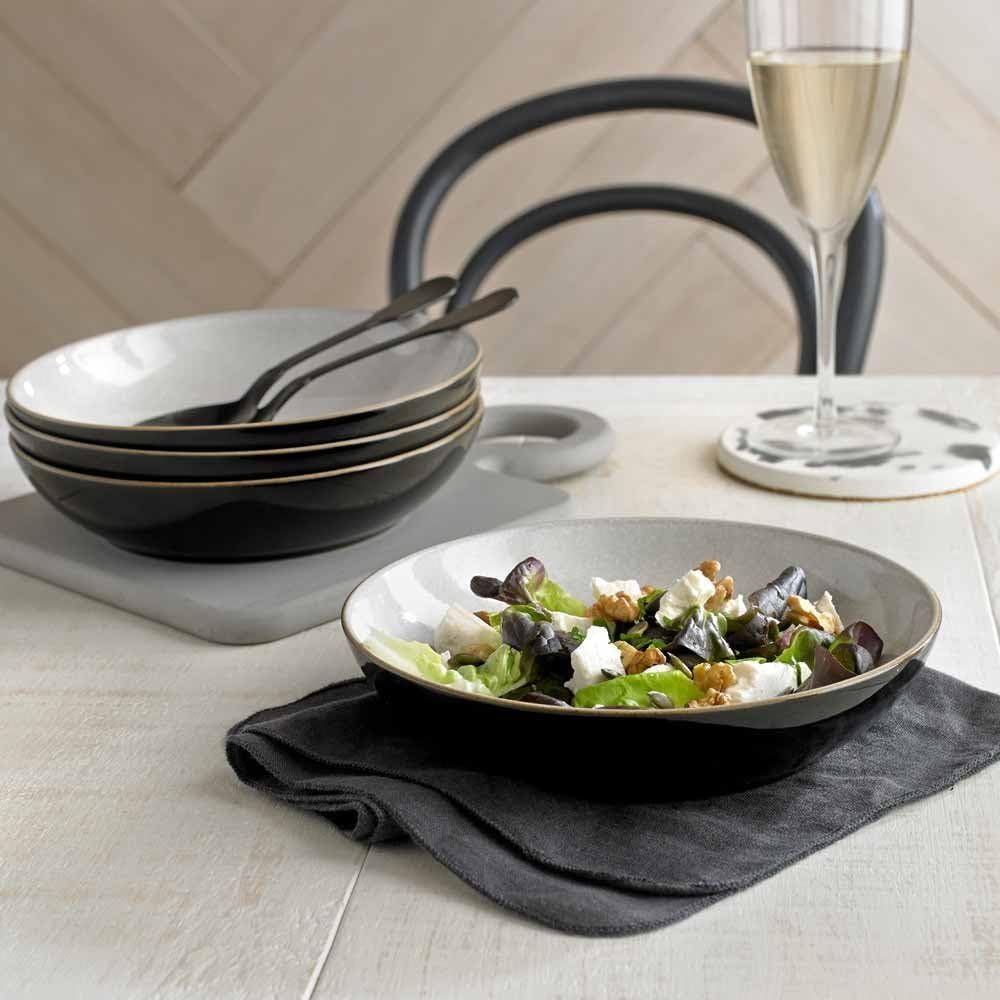 Denby - Elements Black Pasta Bowls Set of 4 - Dishwasher Microwave Safe Crockery 1050ml 22cm - Black, White Ceramic Stoneware Tableware - Chip & Crack Resistant