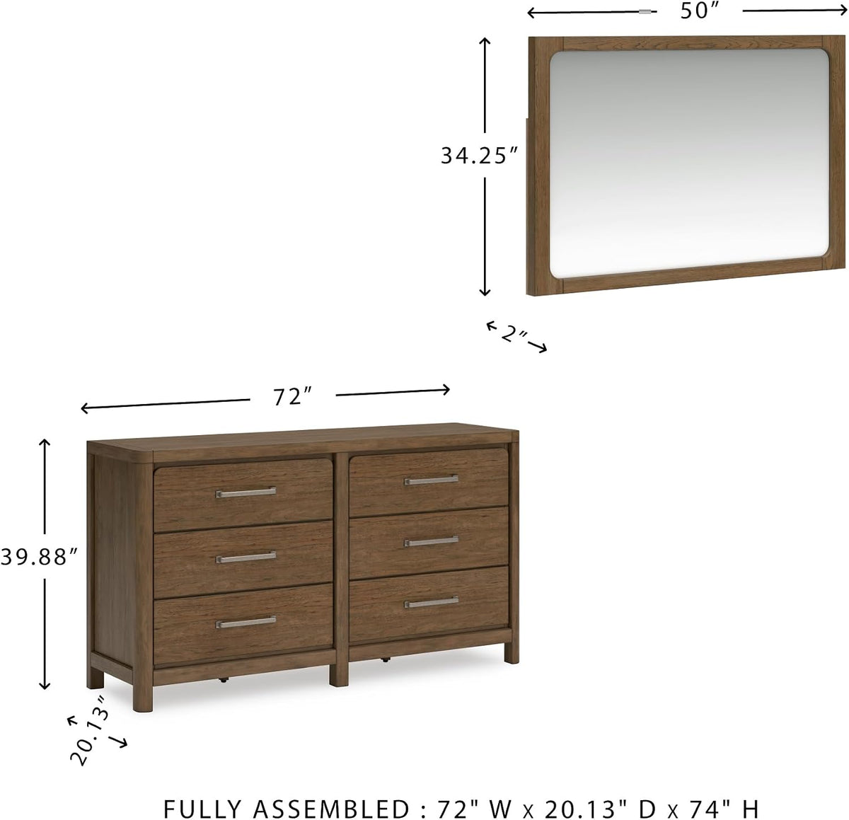 Signature Design by Ashley Cabalynn Modern 6-Drawer Dresser and Mirror with Safety Stop and Felt-Lined Top Drawer, Dark Brown