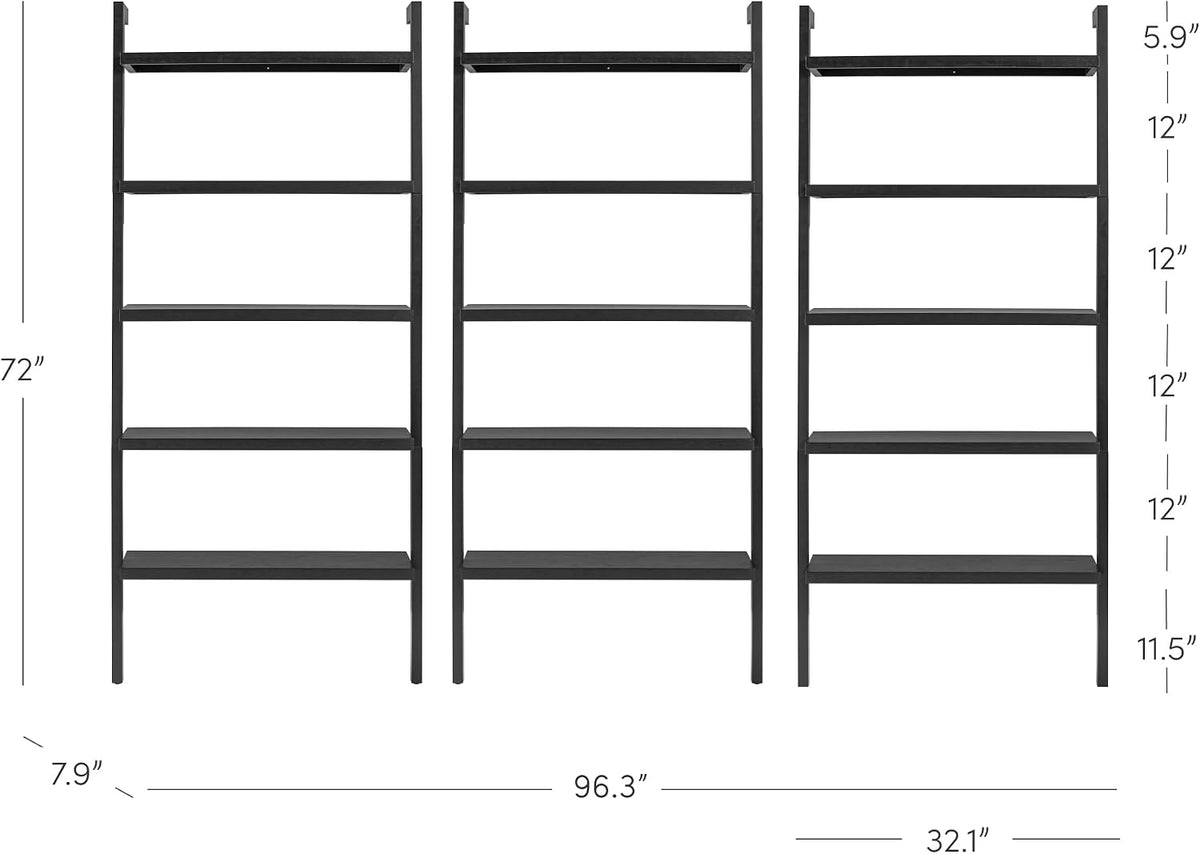 Nathan James Beacon Bohemian 5 Tier Bookshelf, Wall Mounted Bookcase, Solid Wood Bookshelf in Black Oak, Set of 3