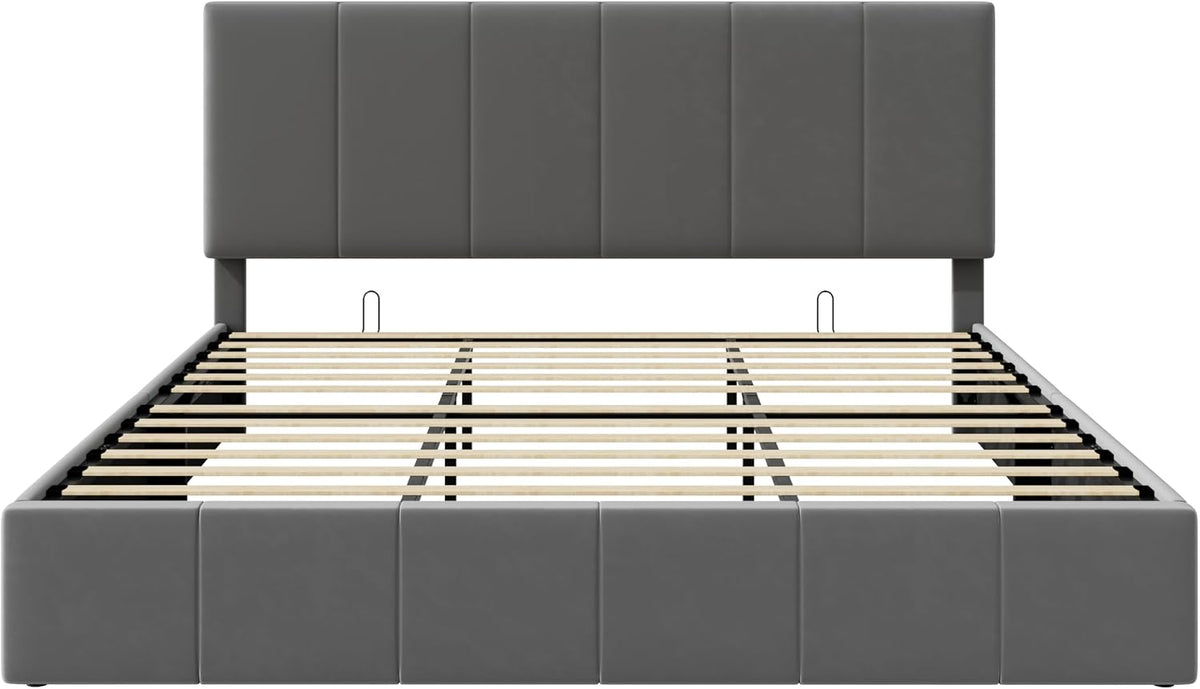 SHA CERLIN King Size Lift Up Storage Bed Frame, Adjustable Headboard, Hydraulic Support, Velvet Upholstered, Easy Installation, No Box Spring Needed, Gray
