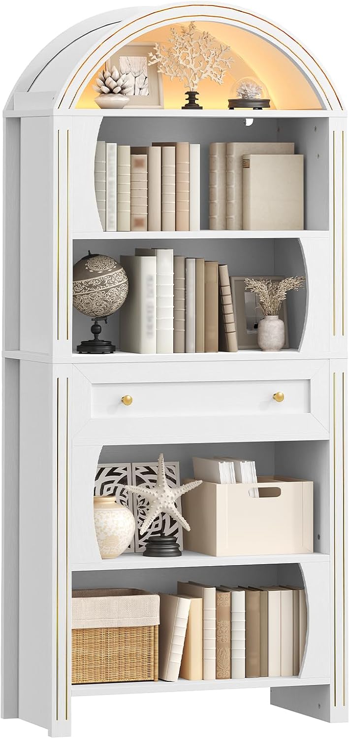 Arched Bookshelf, 70.3' Farmhouse Tall 6-Tier Book Shelf with Drawer, Wooden Bookcase with Open Shelves and LED Lights, Freestanding Display Storage Shelf for Living Room, Home Office, White