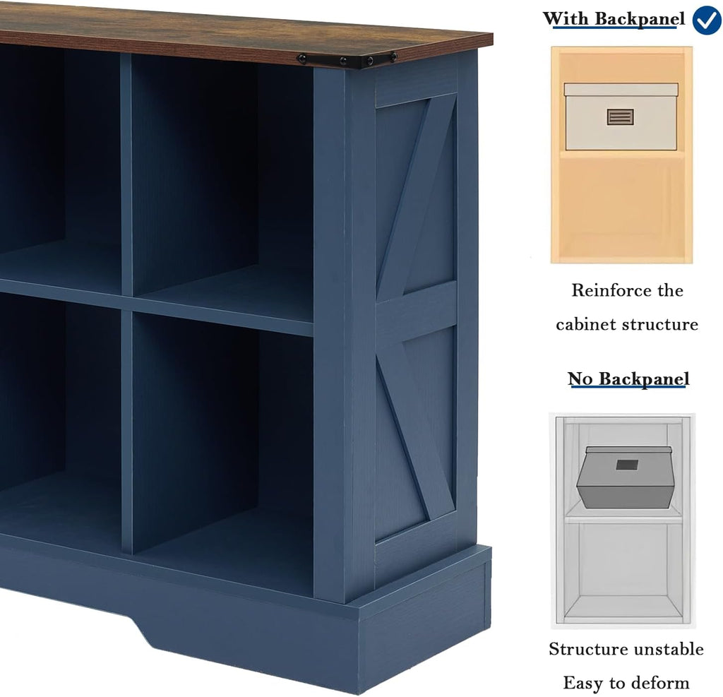 8 Cube Storage Organizer, 2 Tier Book Shelf with Led Lights, Farmhouse Book Shelves for Living Room, Horizontal Toy Storage Bookshelf, Wood Display Bookcase Cabinet for Bedroom, Office, Blue