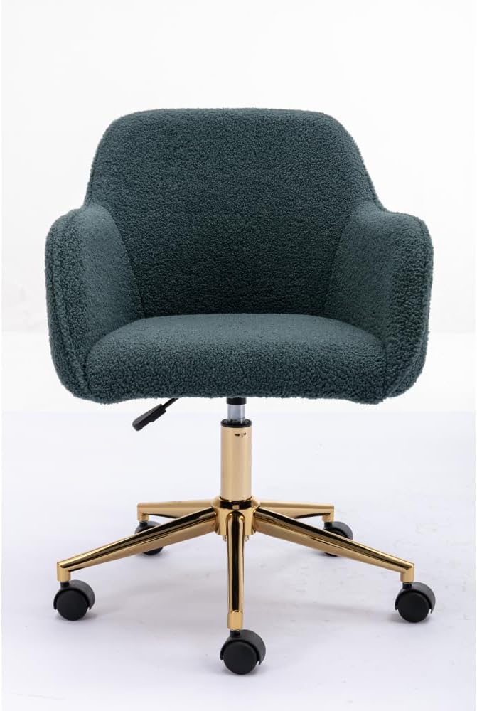Plush Teddy Fabric Ergonomic Office Chair with Adjustable Height, 360-Degree Swivel Base, and Smooth-Rolling Casters for Home or Workspace (Green + Wool + Foam)
