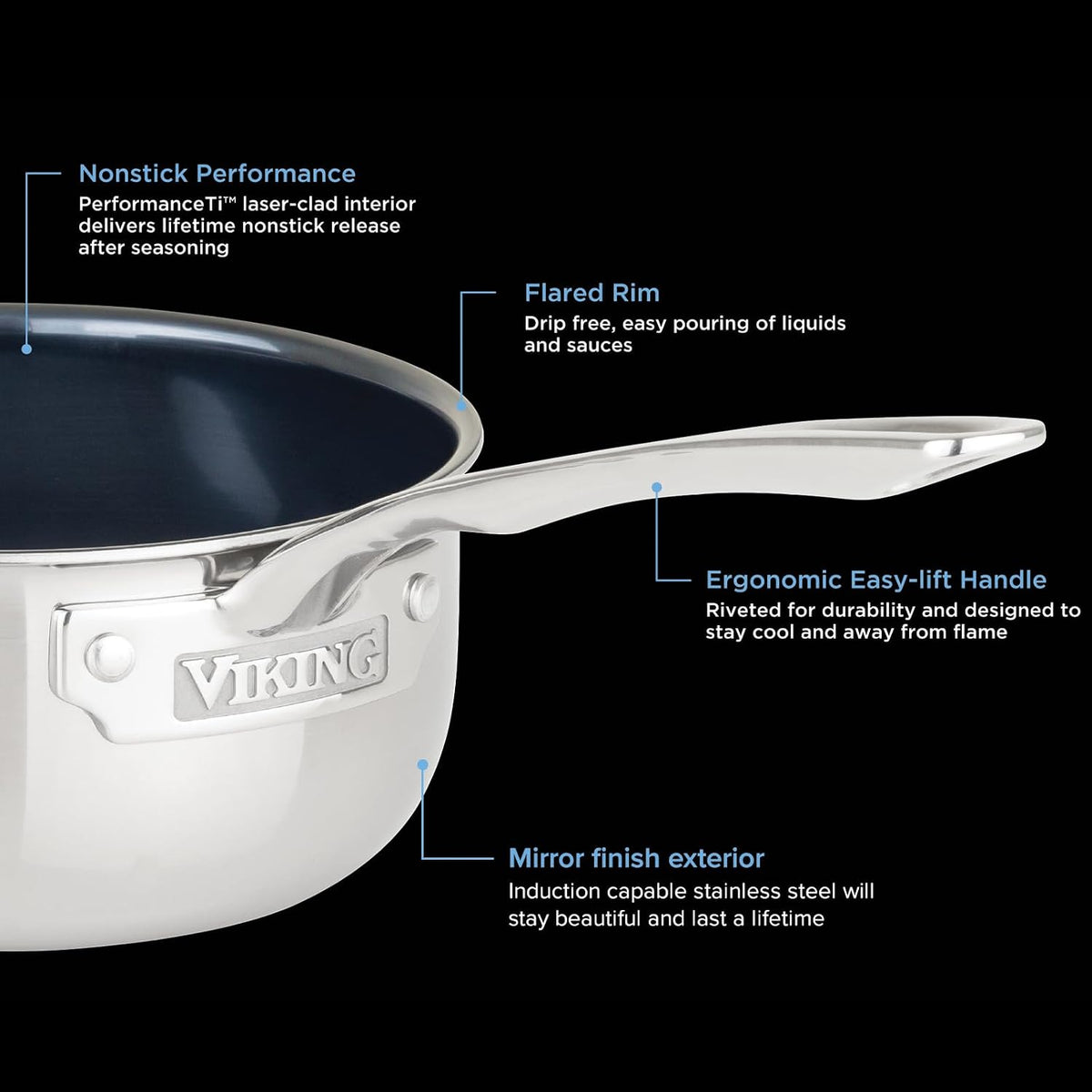 Viking 4-Ply Sauce Pan with Lid, 3 Quart Laser Clad Titanium Performance Ti Saucepan Cooking Pot, Dishwasher and Oven Safe, Induction Ready, Blue/Silver