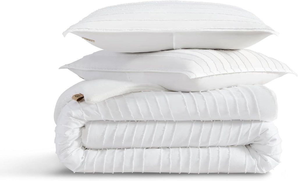 UGG Textured Queen Comforter Set - 3 Piece Striped Reversible Queen Bedding Set with Pillow Shams, Stylish Soft & Luxurious White Bed Set for Home & Bedroom (Full/Queen)